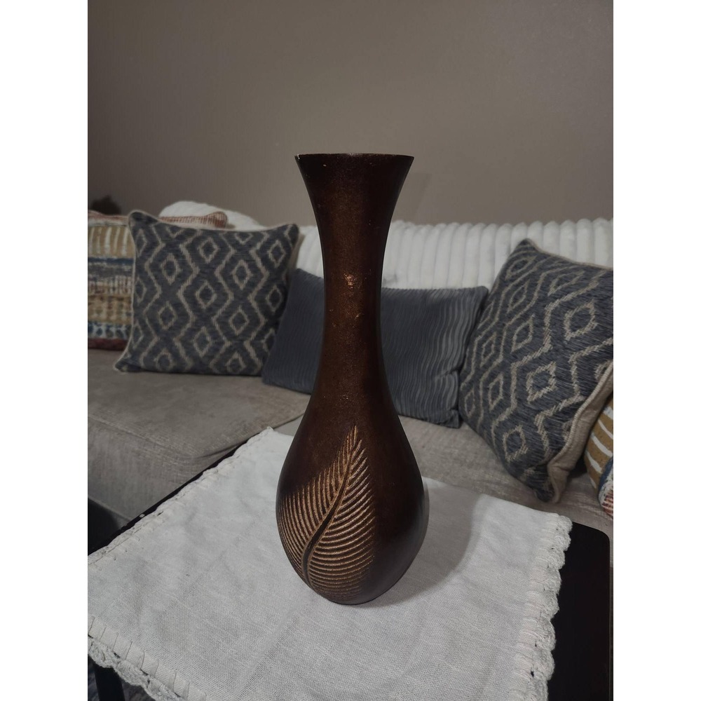 Vintage Hand Carved Wooden Vase Tall Leaf Design Dark Brown Boho Decor 15.5in